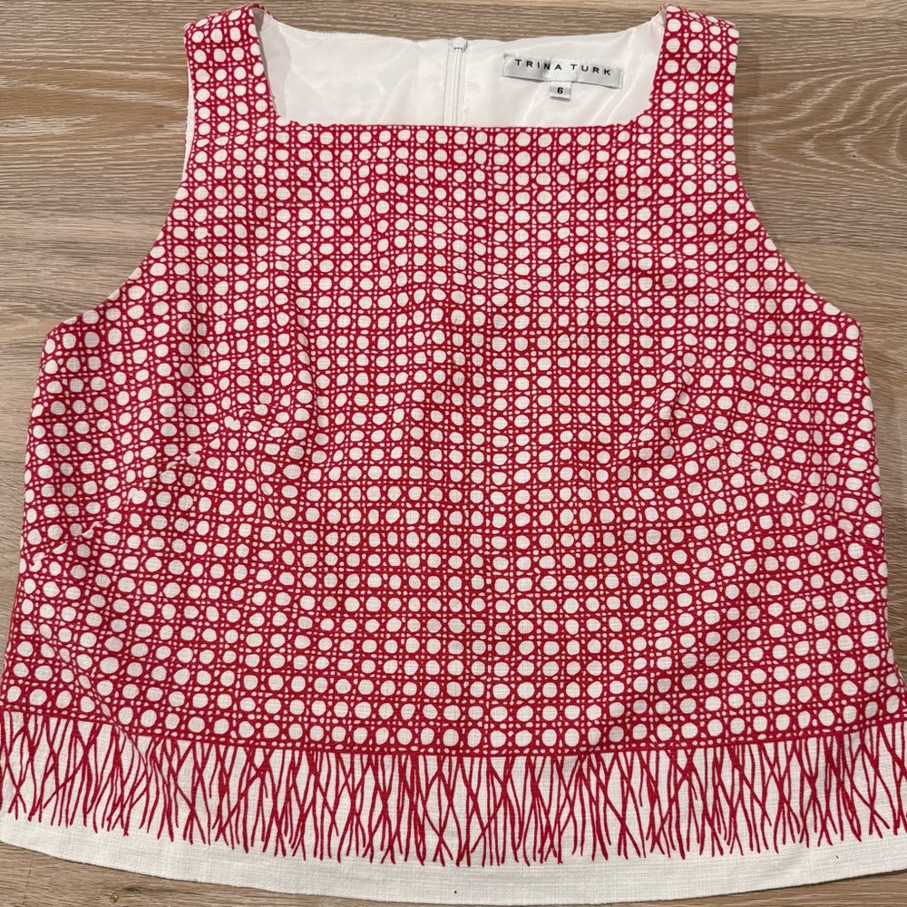 Trina Turk Red & White Cropped Sleeveless Geometric Square-Neck Top. Sz 6